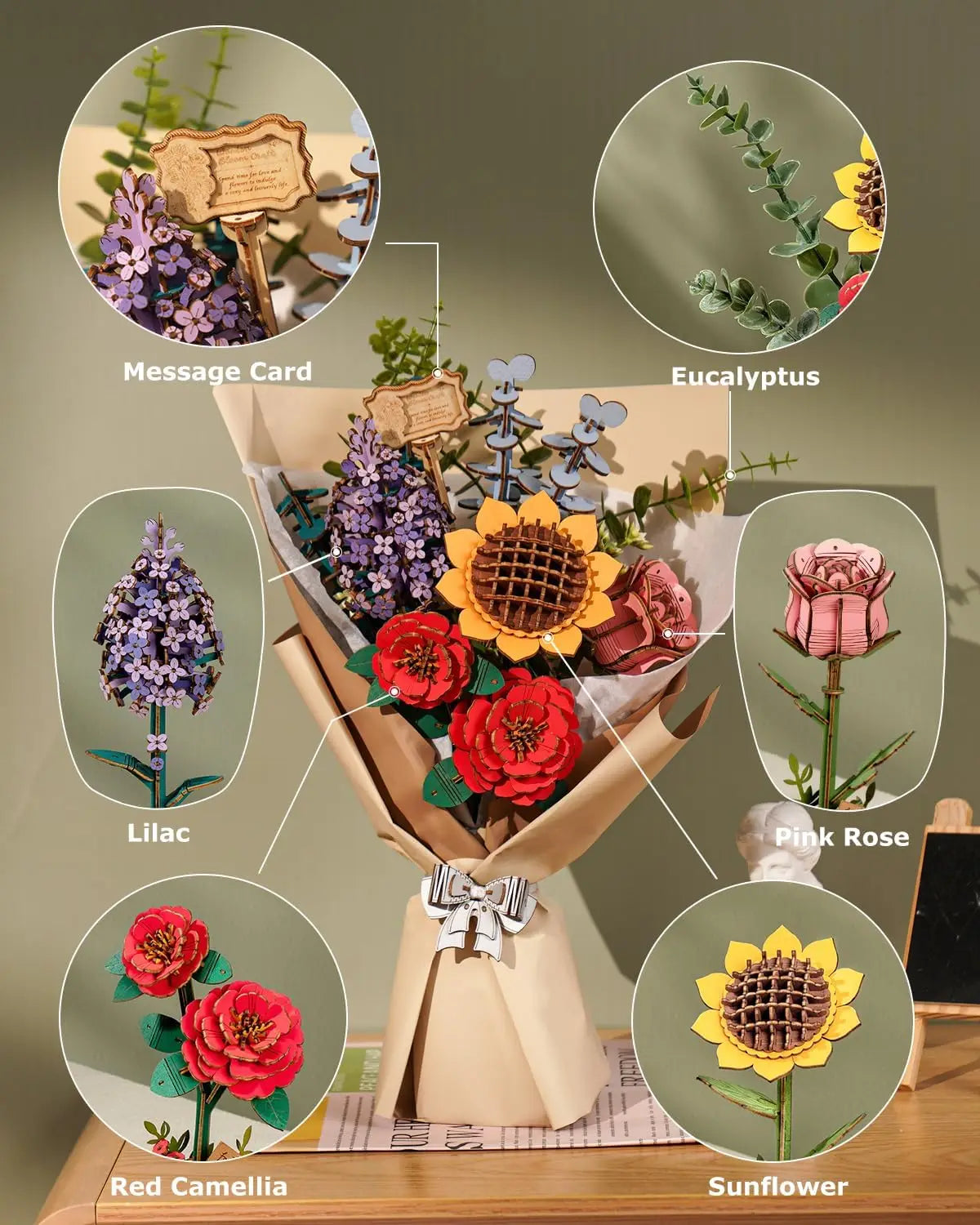 Robotime Rowood Wooden Flower Bouquet 3D Wooden Puzzle Wood Crafts Kits for Adults Home Decor